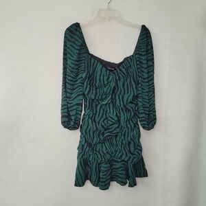 DO+BE Dress Womens M Emerald Green Zebra Ruffled Cinched Mini Off Shoulder Scoop